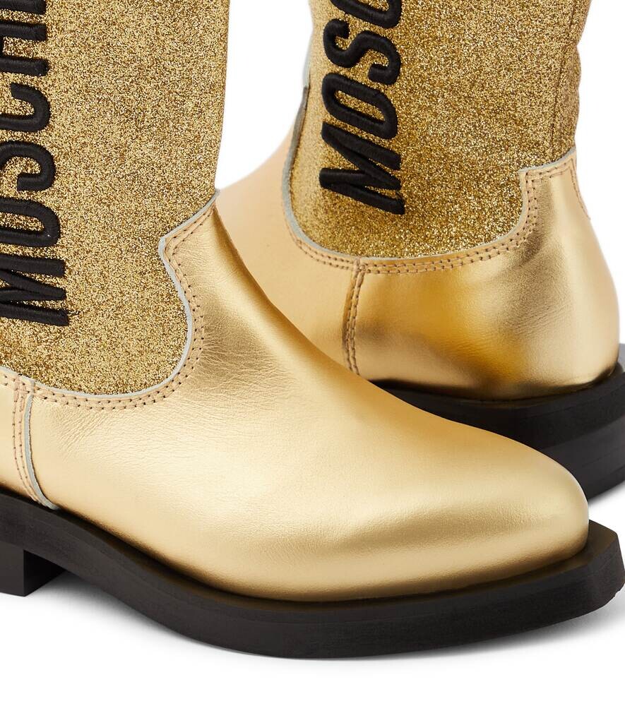 Ковбойские сапоги из кожи с блестками и логотипом Moschino, золотой — фото 4