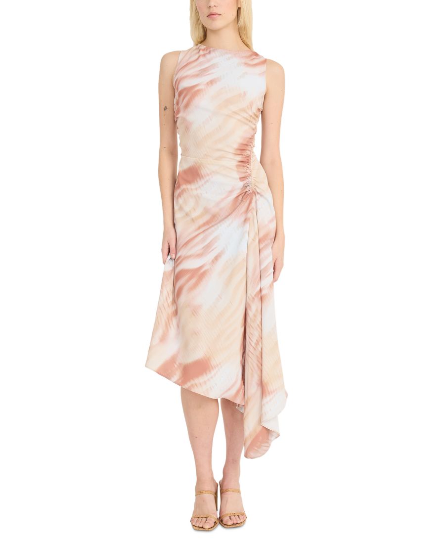 

Женское асимметричное платье миди с принтом и сборками Luxely, Light White Smoke/buff