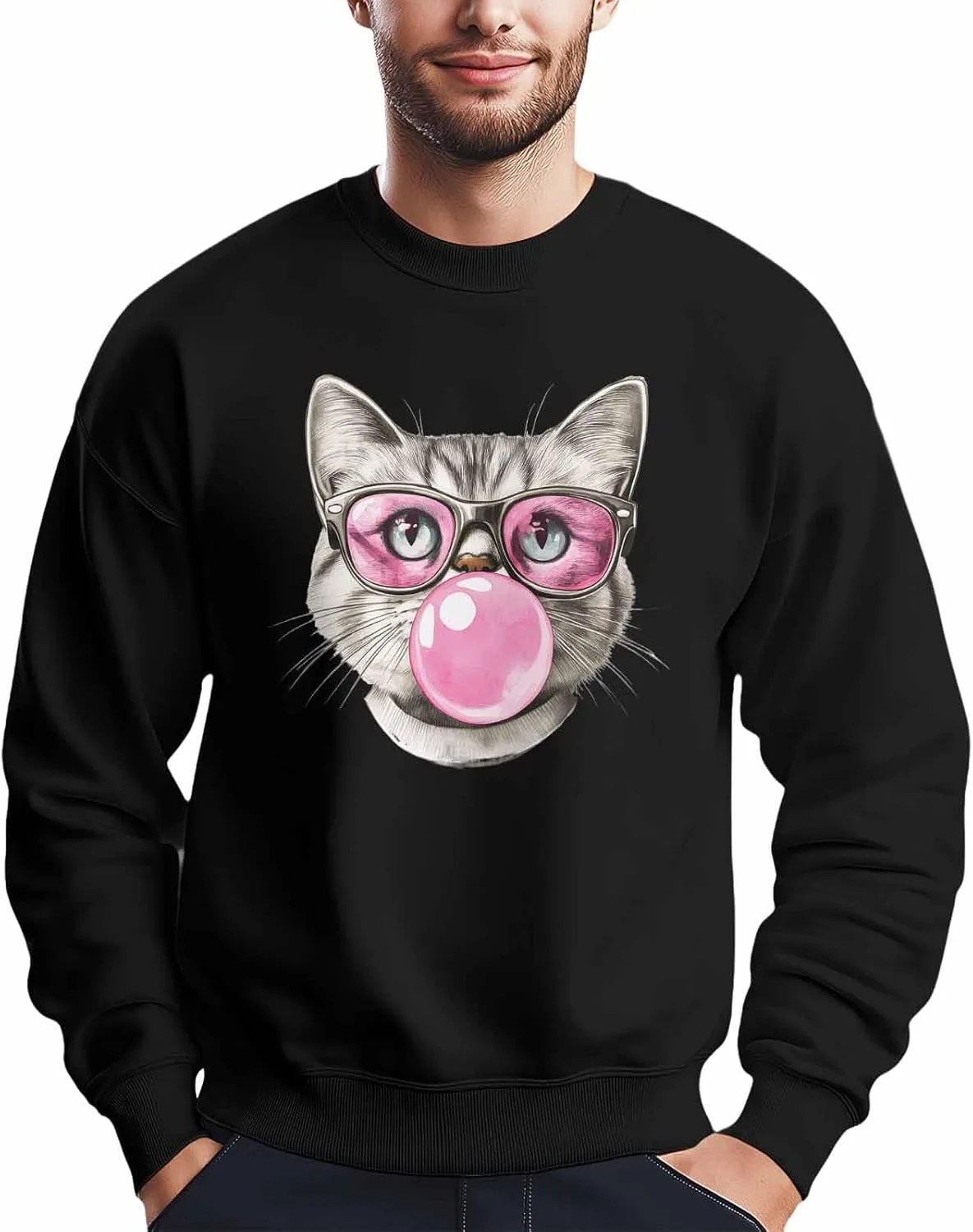 

Мужской свитшот с принтом Cat Blowing Pink Bubbles, лонгслив Winvebermior