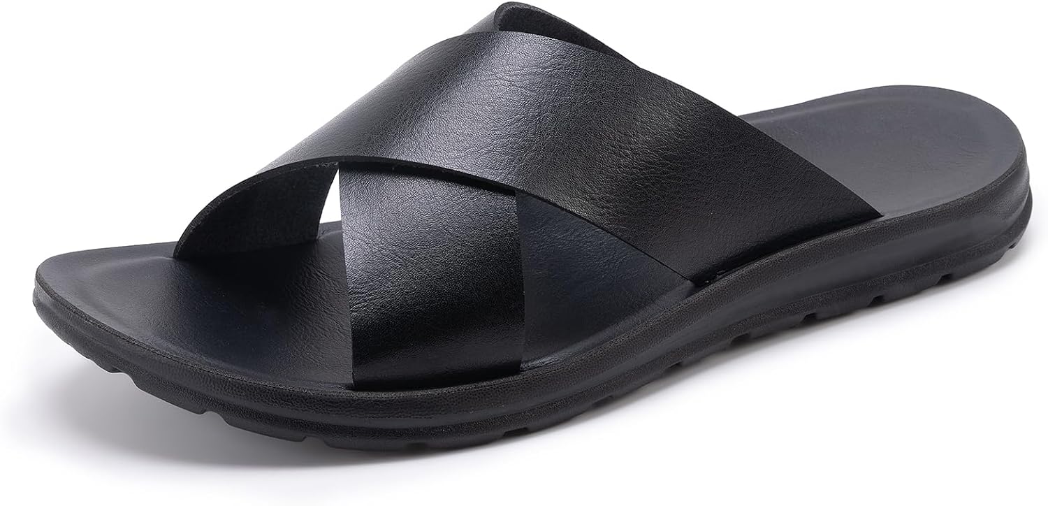 

Сандалии MOGU MAOMAO Amazon Essentials для мужчин, плоские, с перекрестным ремешком, из микрофибры и кожи, песочного цвета, черный