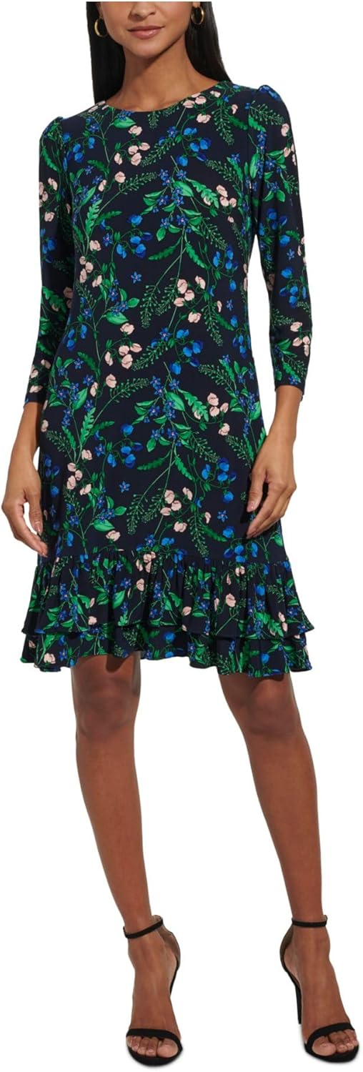 

Женское трикотажное мини-платье Tommy Hilfiger с рукавами 3/4, высоким воротом и оборками, Jolly Green Multi