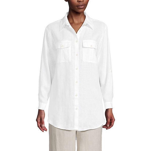 

Женская льняная туника с закатанными рукавами Lands' End, White, Белый, Женская льняная туника с закатанными рукавами Lands' End, White