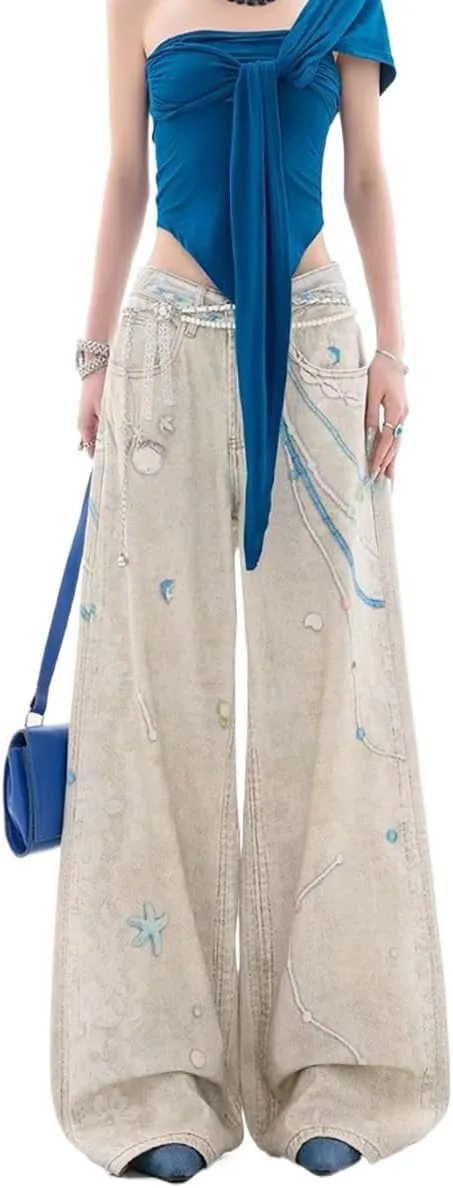 

Джинсы harajuku american retro chain lace printed, loose straight leg NCDUANSAN