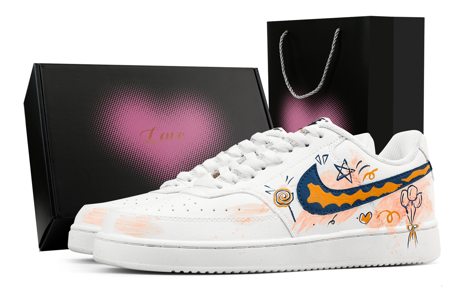 

Nike Кроссовки Court Vision 1 Love Confession Balloons, износостойкие, низкие, для скейтбординга, мужские, белые, оранжевые