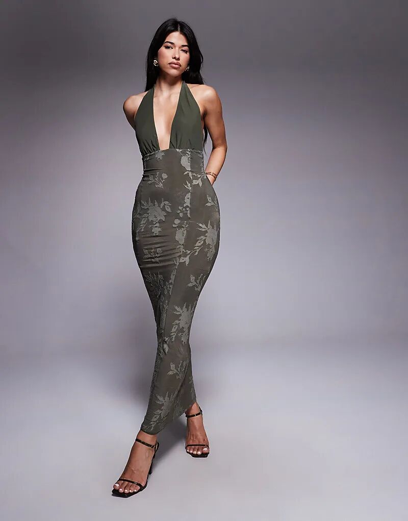 

Длинное платье ASOS DESIGN с фактурной бретелькой через шею цвета хаки