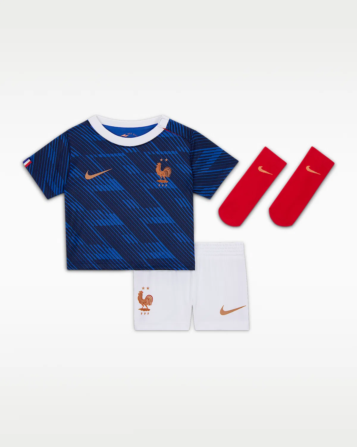Детский футбольный комплект Nike FFF 2026 Stadium Home (3 предмета), Game Royal/Blackened Blue/White/Metallic Copper