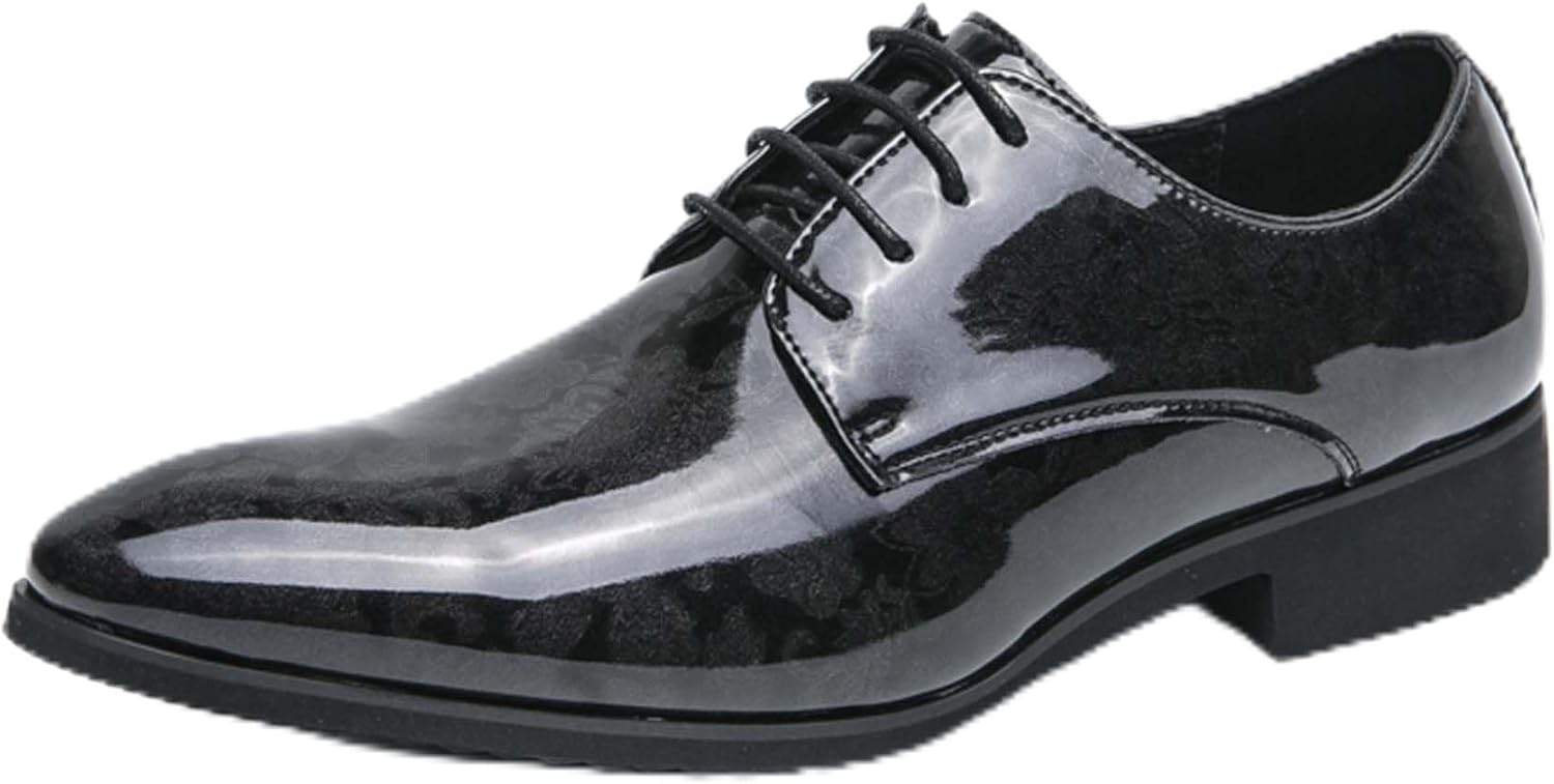 

Мужские туфли Oxford, модные с блестящей лакированной кожей, заостренный носок, деловые, для офиса, униформы, жениха, свадьбы, костюма, вечеринки, выпускного балла Generic, черный