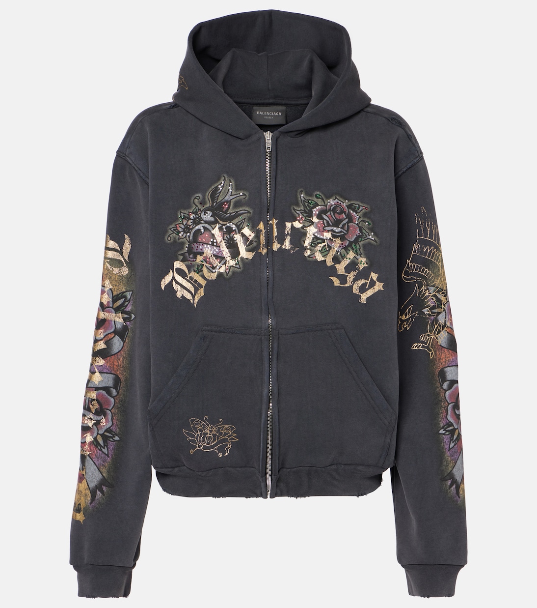 

Толстовка с капюшоном Tacky Tattoo из хлопкового флиса с эффектом потертости Balenciaga, Washed Black