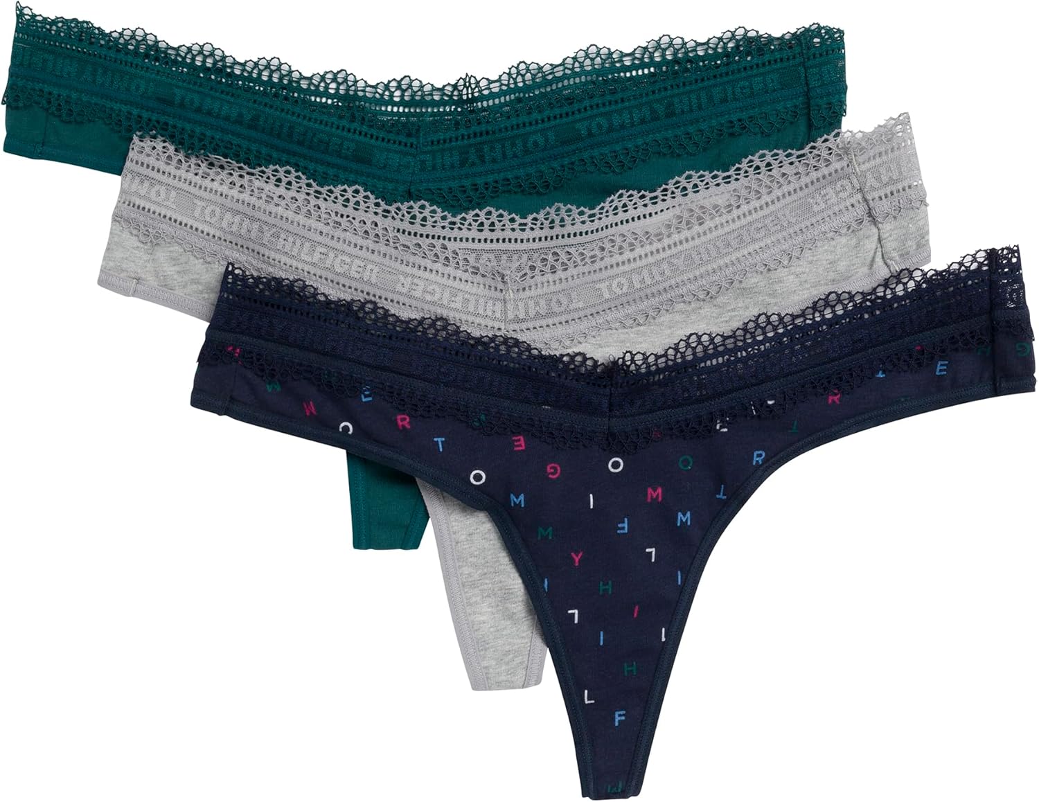 

Женские трусики-стринги Tommy Hilfiger из хлопка и кружева, упаковка 3 шт., Th Multi Sky Captain/Deep Teal/Heather Grey