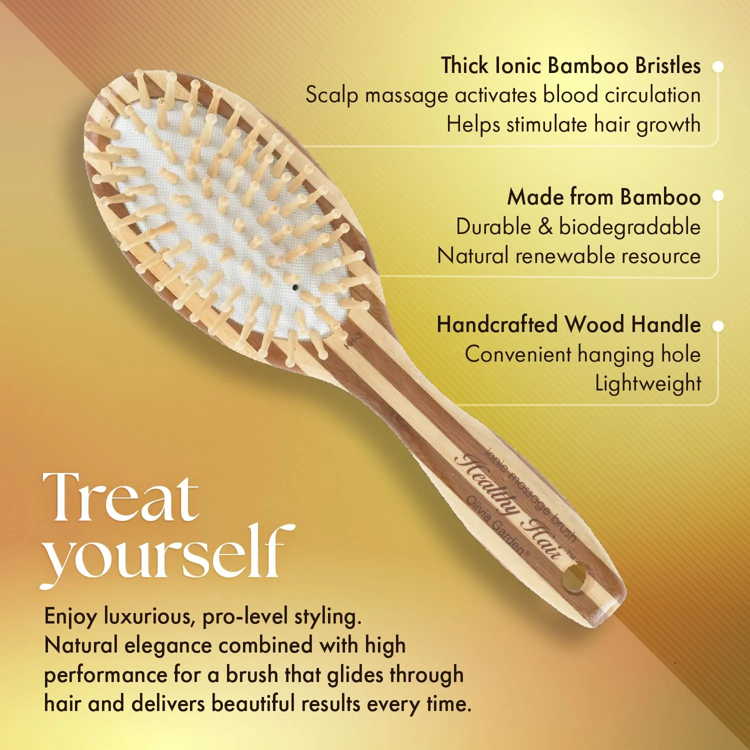 Ионная массажная щетка для волос Olivia Garden Healthy Hair Bamboo Овальная большая, Brown — фото 3