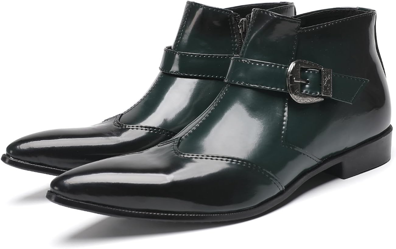 

Мужские классические и повседневные ботинки челси Santimon из зеленой лакированной кожи с пряжкой, молнией и удобной посадкой - ботильоны с острым носком для офиса, свадьбы и вечеринки