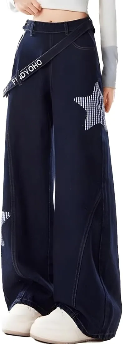 

Джинсы для женщин Y2K Gothic Grunge Kawaii Vintage Casual Straight Wide Leg с аппликацией в виде звезд RILGOU