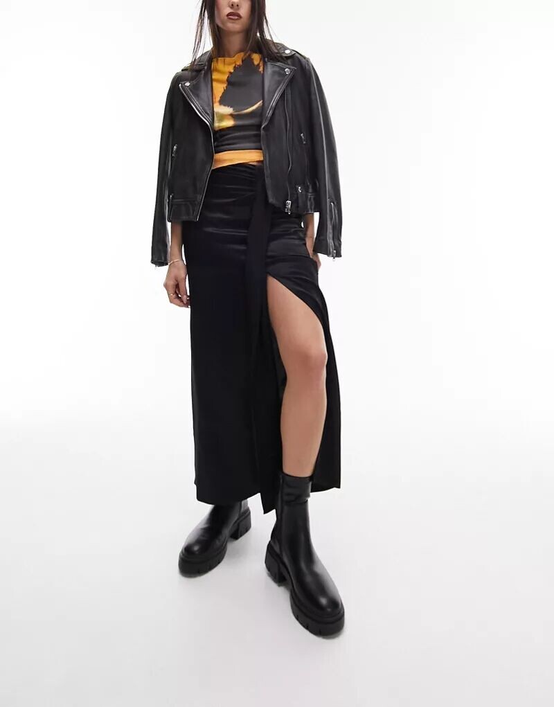 

Черная атласная юбка миди со складками Topshop