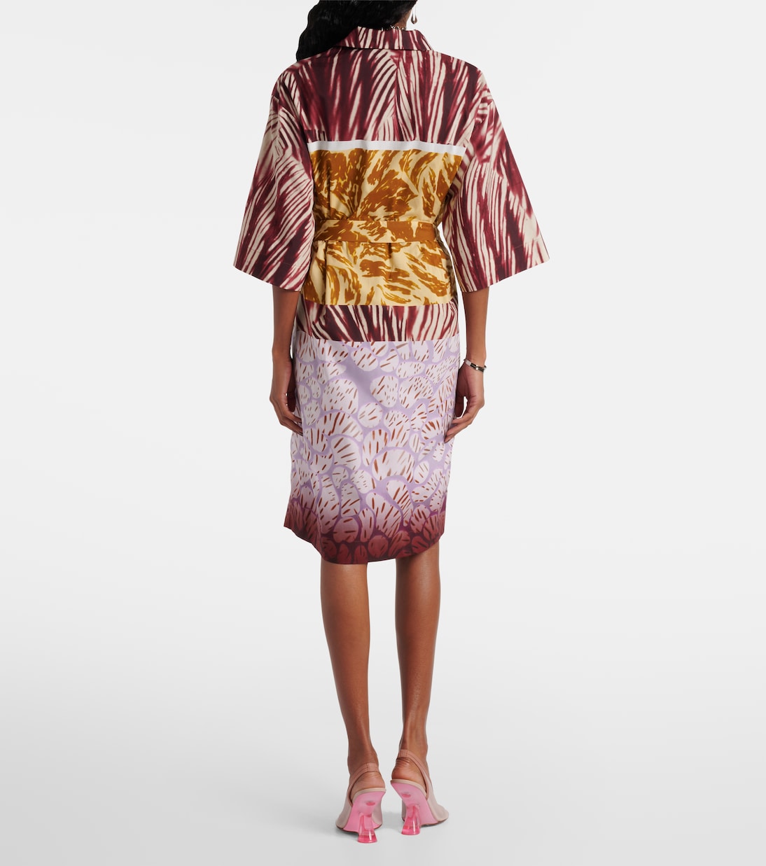 Печатное хлопковое платье-рубашка из поплина Dries Van Noten, бордовый — фото 3