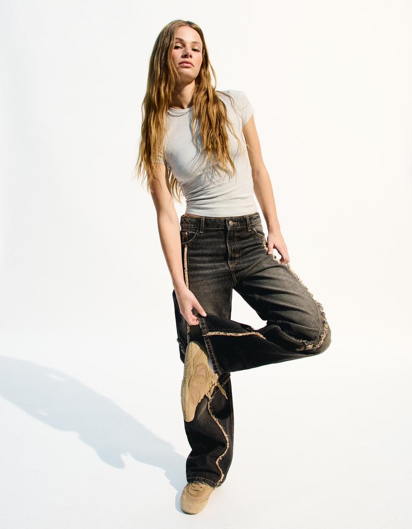 

Мешковатые джинсы с бахромой Bershka, черный
