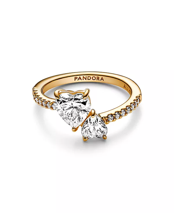 

Кольцо с двумя сверкающими сердцами из кубического циркония, классическое Pandora, gold