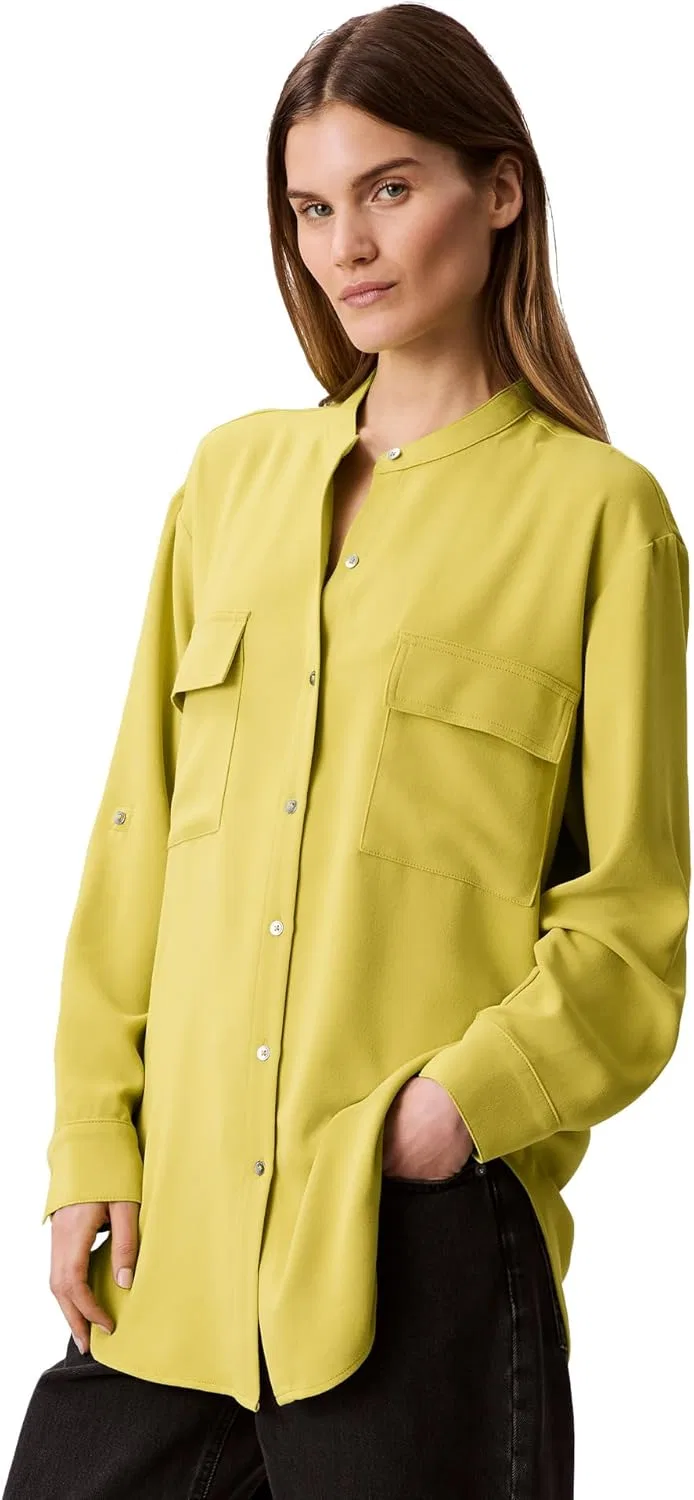Блуза, свободный крой, Crepe Relaxed Button Down Shirt, Calvin Klein, теплый оливковый