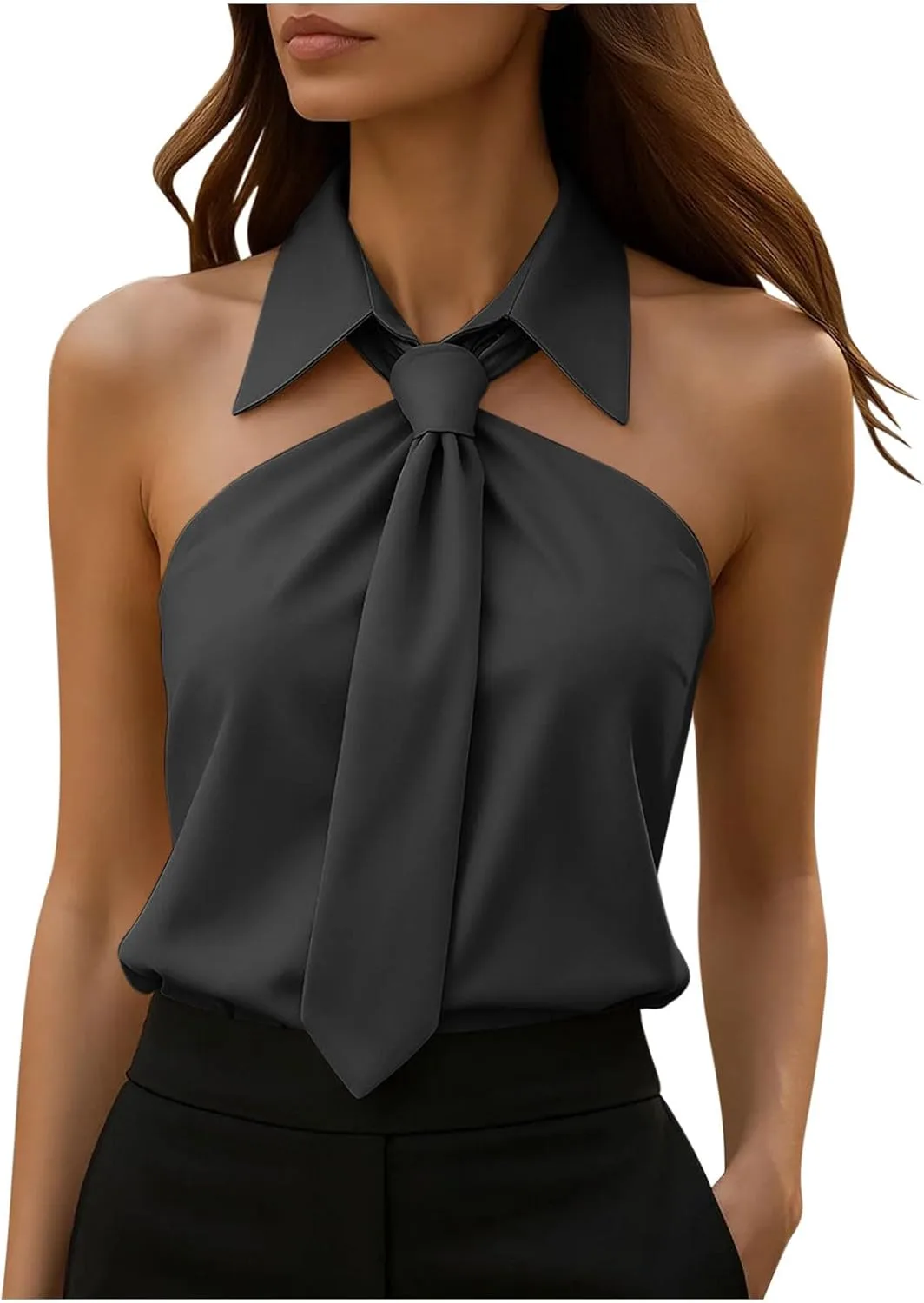 

Женский топ без рукавов с лацканом и открытыми плечами