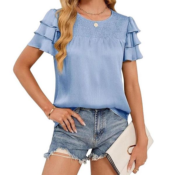 

Женская блузка с круглым вырезом и присборенными рукавами Clearflower, Blue