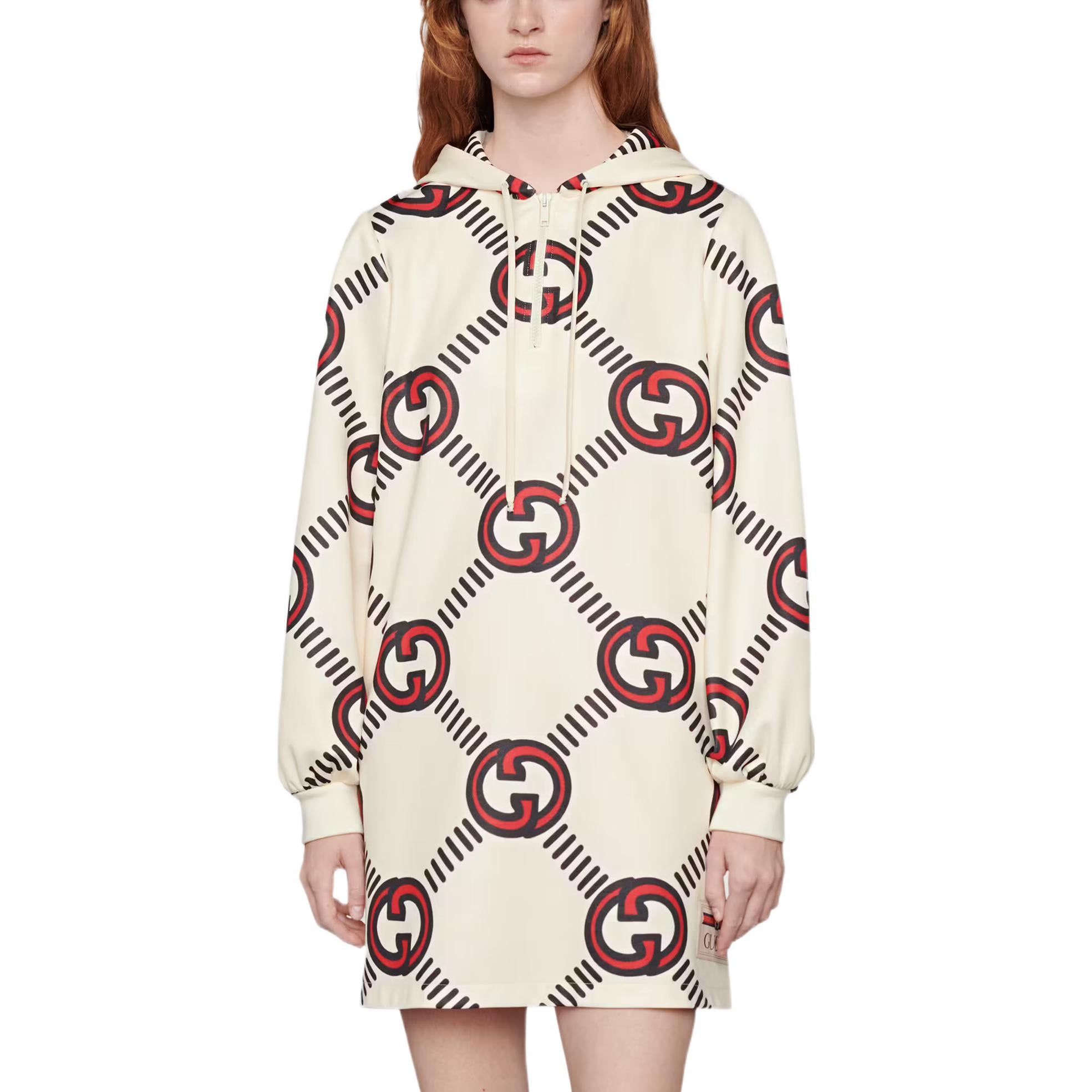Платье Gucci Техническое трикотажное с переплетенными буквами G, женское, белый с красными и черными элементами — фото 3
