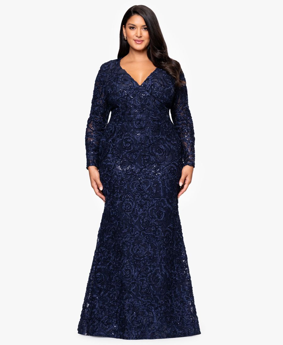 

Бальное платье большого размера с кружевной отделкой и V-образным вырезом XSCAPE, Navy