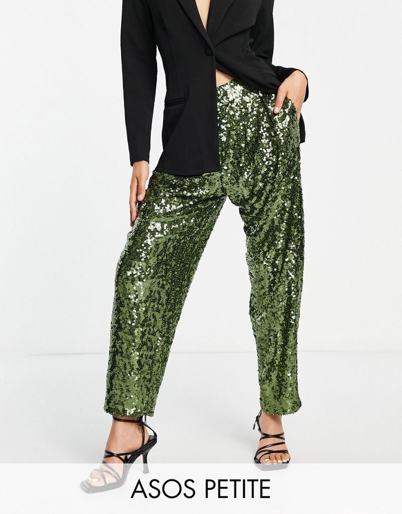 

Брюки цвета хаки с напуском и пайетками ASOS DESIGN Petite