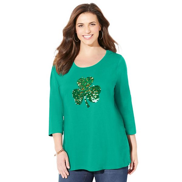 

Женская футболка с блестками и принтом Plus Size Catherines, Clover Green Shamrock, Зеленый, Женская футболка с блестками и принтом Plus Size Catherines, Clover Green Shamrock