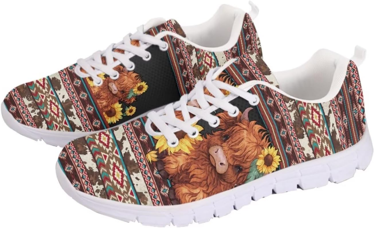 

Мужские и женские беговые кроссовки для шоссе, тенниса, ходьбы, походов. Кроссовки на шнуровке для тренировок, спортзала, легкие спортивные кроссовки Getelinseng, Highland Cattle Aztec Print