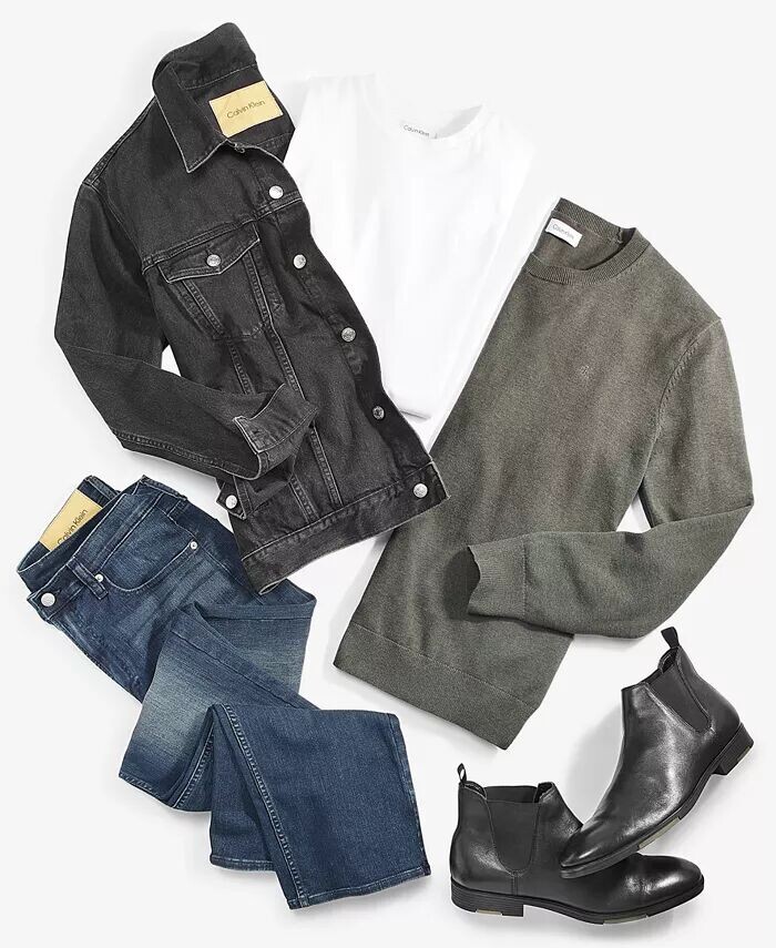 Мужская куртка Trucker, свитер с логотипом Monogram, однотонная футболка и стандартные эластичные джинсы прямого кроя Calvin Klein, синий — фото 3