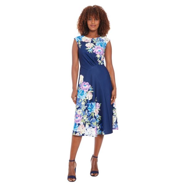 

Платье миди с асимметричным лифом, короткими рукавами, сборками и расклешенным лифом London Times, синий