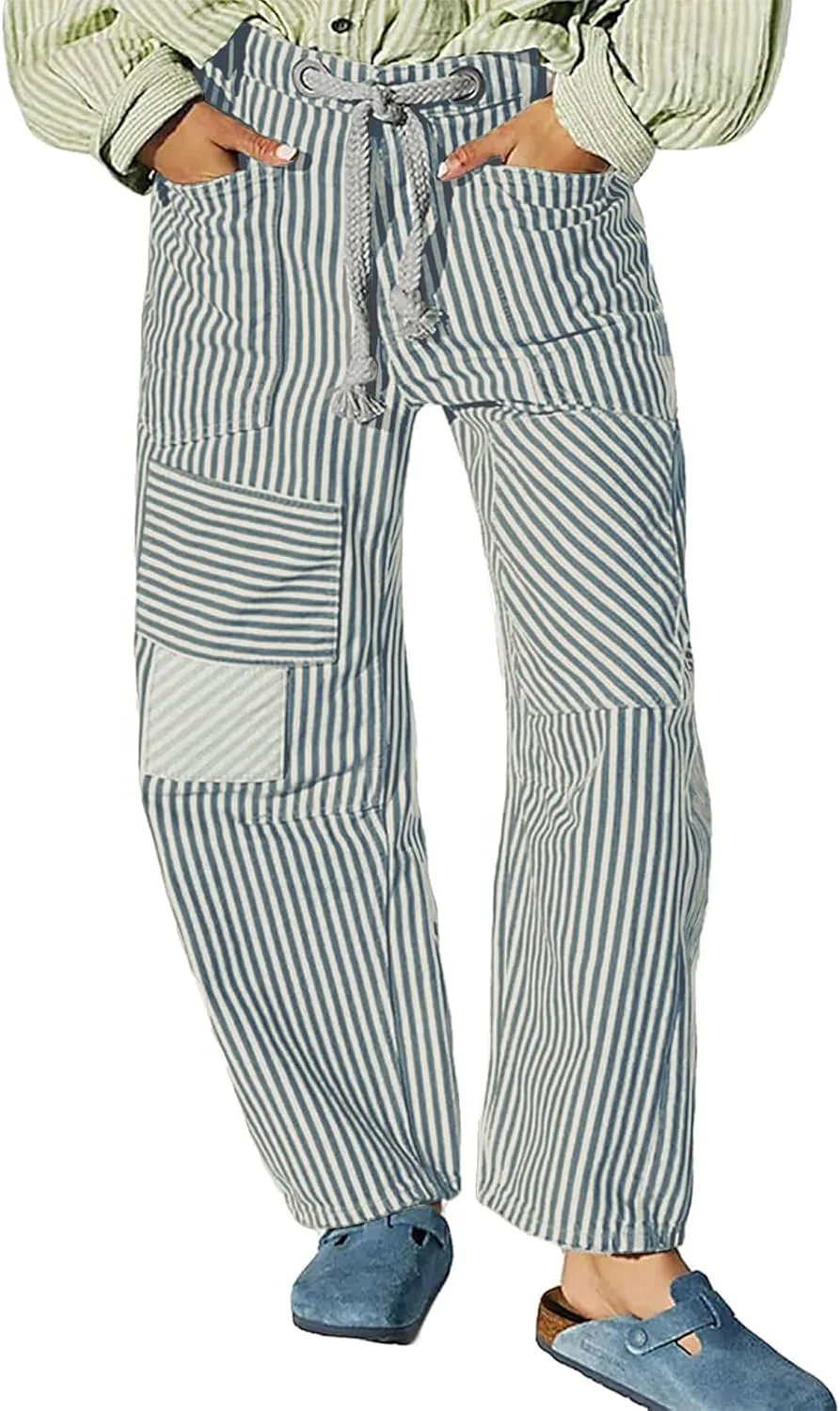 

Багги бочка джинсы для женщин y2k в полоску с кулиской