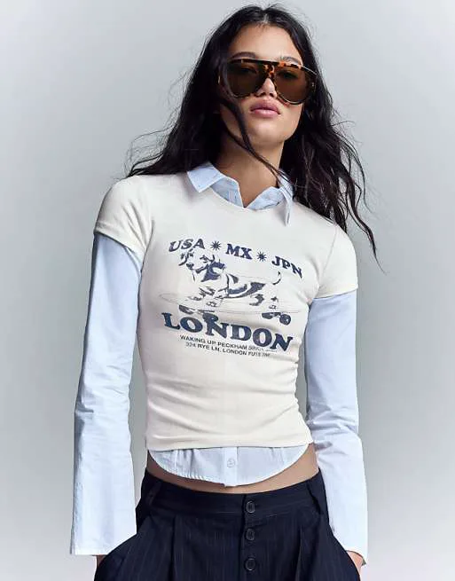 

Белая футболка с короткими рукавами и принтом Bershka, Белый, Белая футболка с короткими рукавами и принтом Bershka