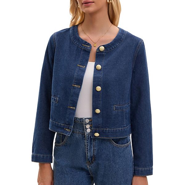 

Женская джинсовая куртка без воротника на пуговицах Inspire Chic, Dark Blue