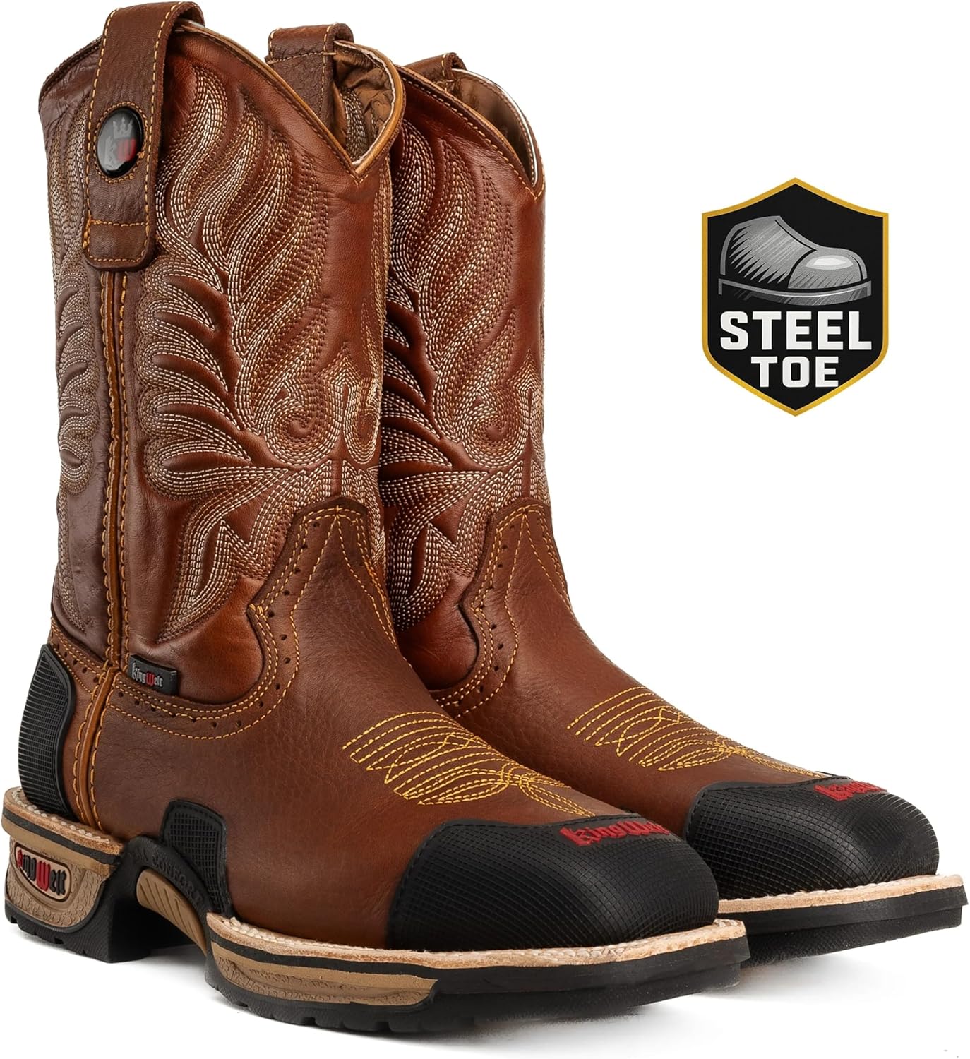Мужские ковбойские сапоги King Welt Buffalo Tan 10 из премиальной кожи с противоскользящей подошвой, стальным носком, квадратным мыском, без шнурков, с защитой носка и пятки от истирания - Светло-коричневые Generic — фото 2