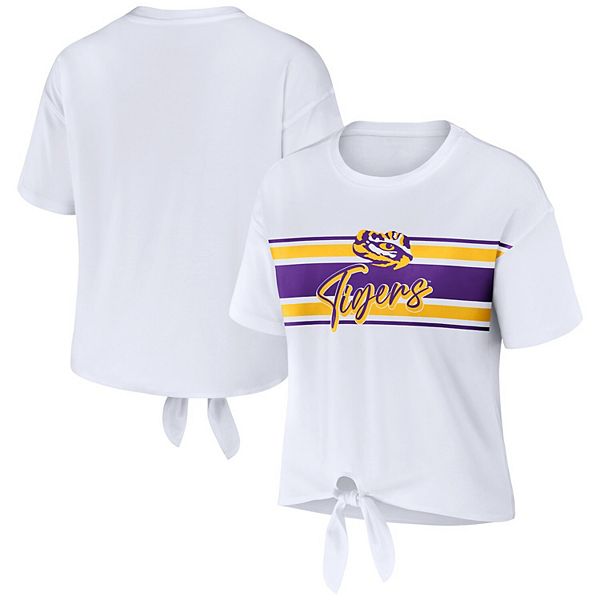 

Женская белая футболка lsu tigers с полосками и узлом спереди Wear By Erin Andrews