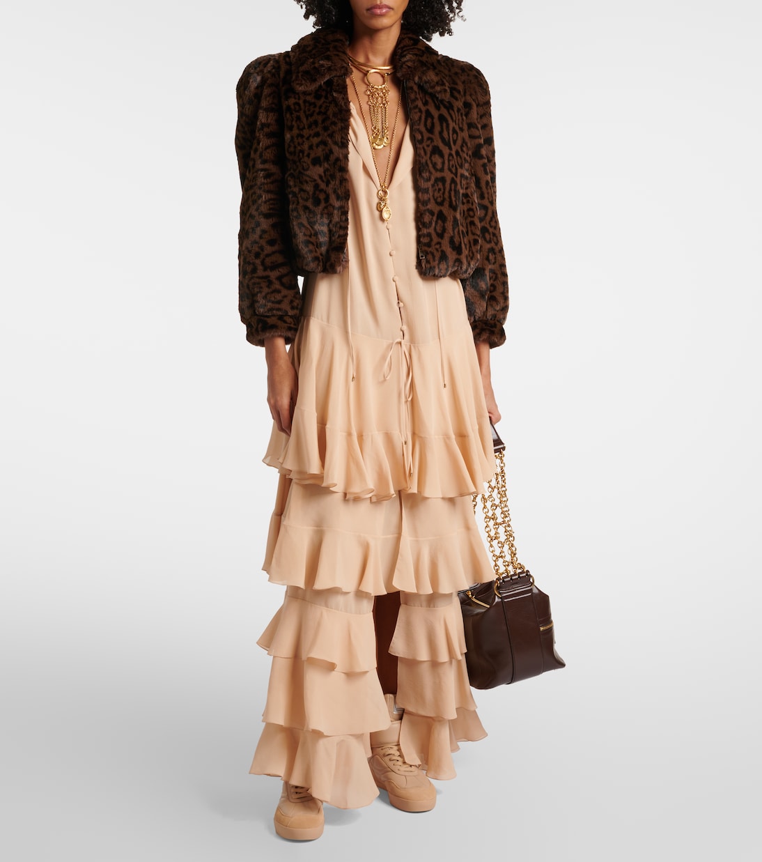 Длинное платье из многослойного шелкового жоржета Chloé, Creamy Beige — фото 2