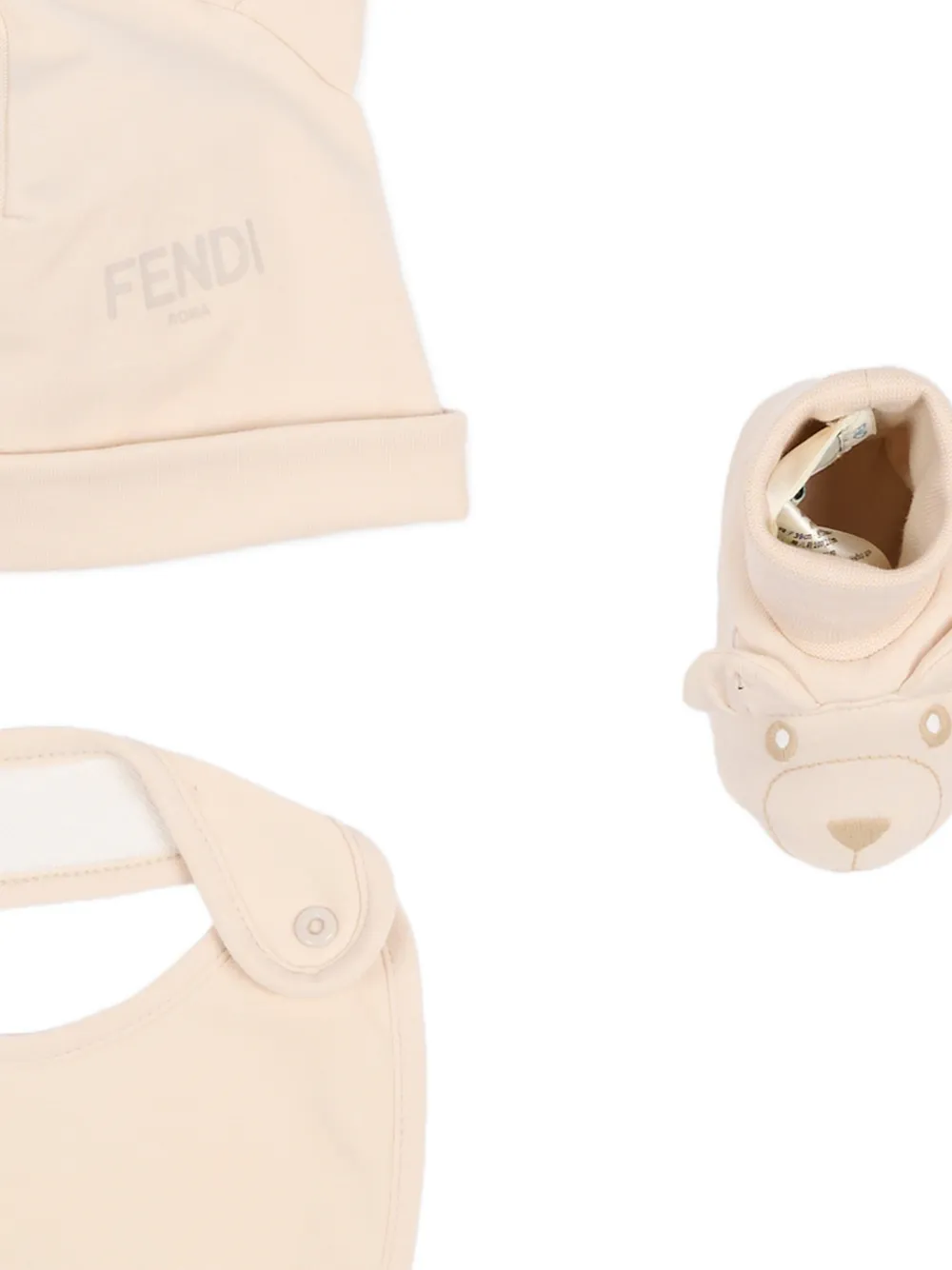 Комплект из трех шапок с медвежьими деталями Fendi Kids, бежевый — фото 4