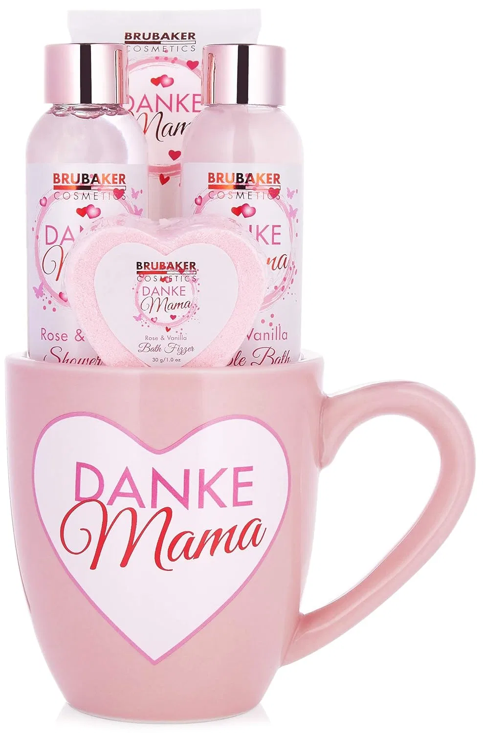 Набор для ванны и душа Brubaker Cosmetics «Спасибо, мама» с ароматом розы и ванили Brubaker, Pink Gift Set In Mug