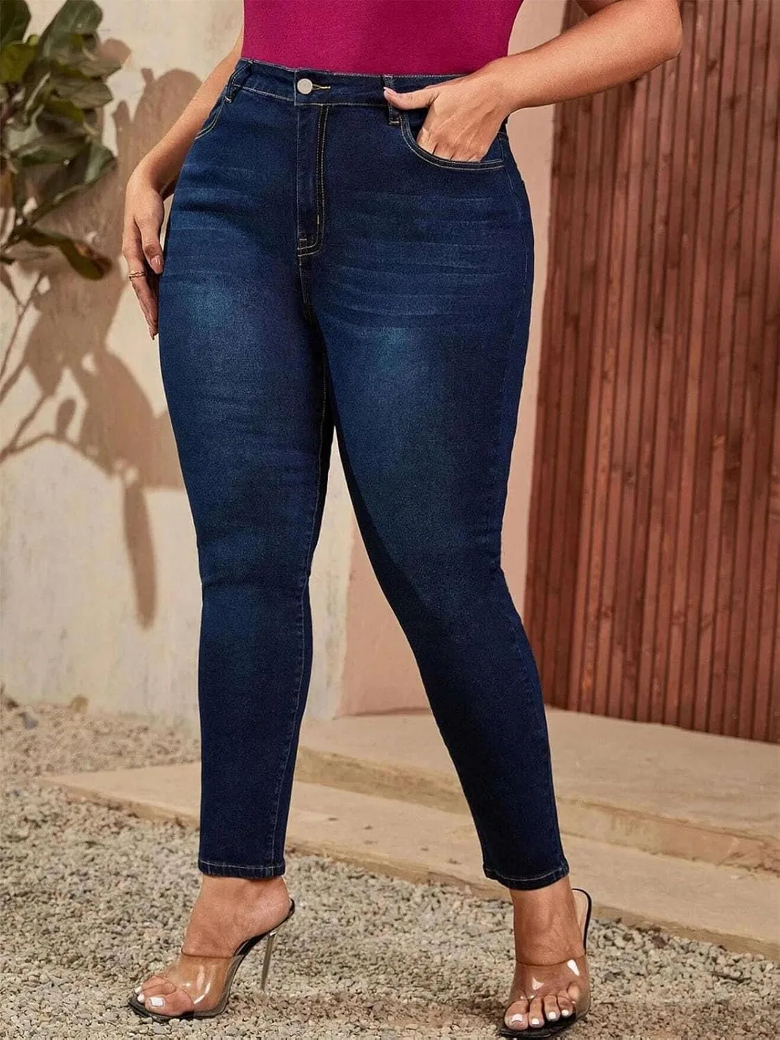 Женские джинсы Big Size Skinny Curve, полная длина, высокая посадка, эластичные, зауженные, оверсайз для мам Generic, темно-синий — фото 2