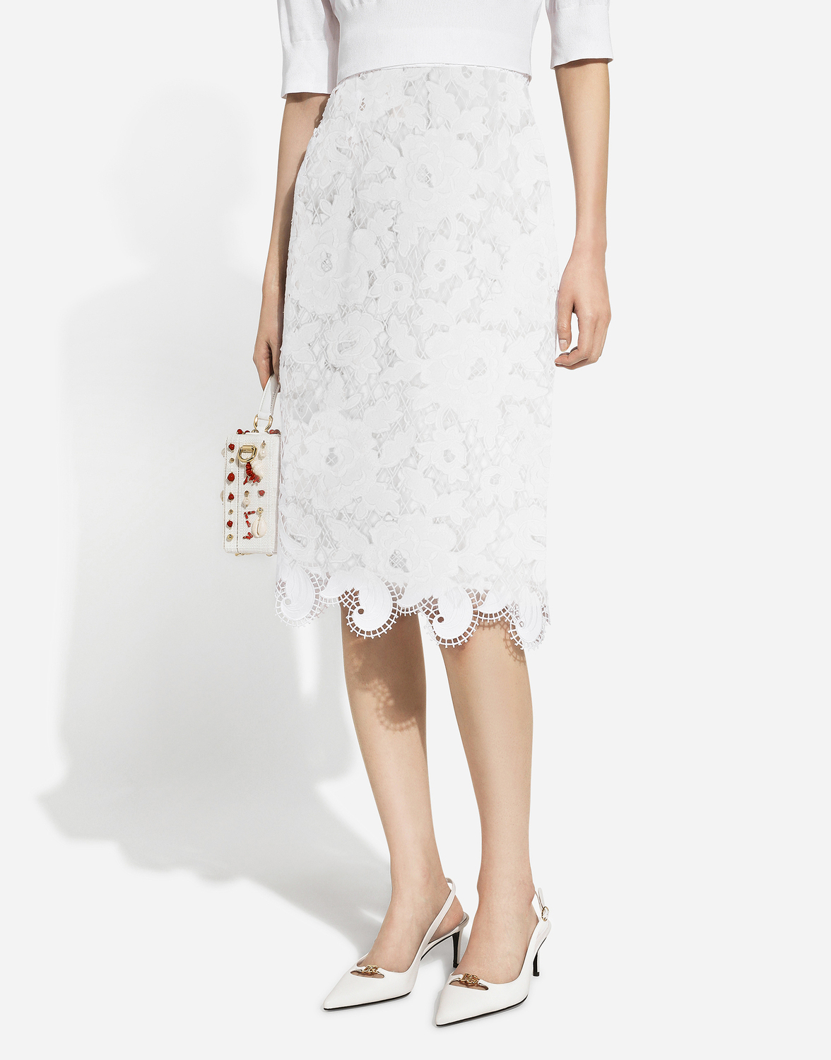 Хлопковая миди-юбка с цветочной ажурной отделкой Dolce & Gabbana, белый — фото 4