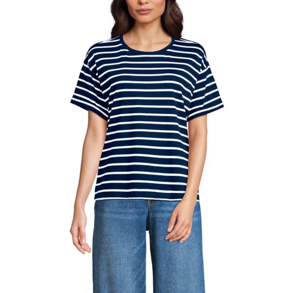 

Объемный укороченный футболка с круглым вырезом Petite Lands' End, цвет navy breton stripe