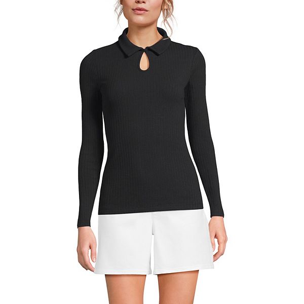 

Женский поло с длинным рукавом и ажурной резинкой Lands' End, Black, Черный, Женский поло с длинным рукавом и ажурной резинкой Lands' End, Black