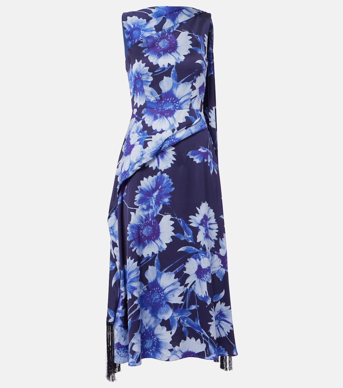 

Коктейльное платье с цветочным принтом и драпировкой Erdem, Troubridge Floral Indigo