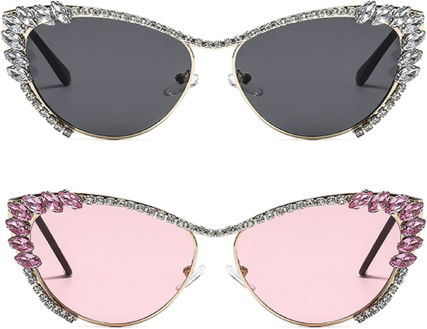 

Популярные модные солнцезащитные очки «кошачий глаз» с кристаллами и стразами, женские очки с бриллиантами, стильные сверкающие очки для вечеринок и рейв-вечеринок mincl, 2pcs-black&pink
