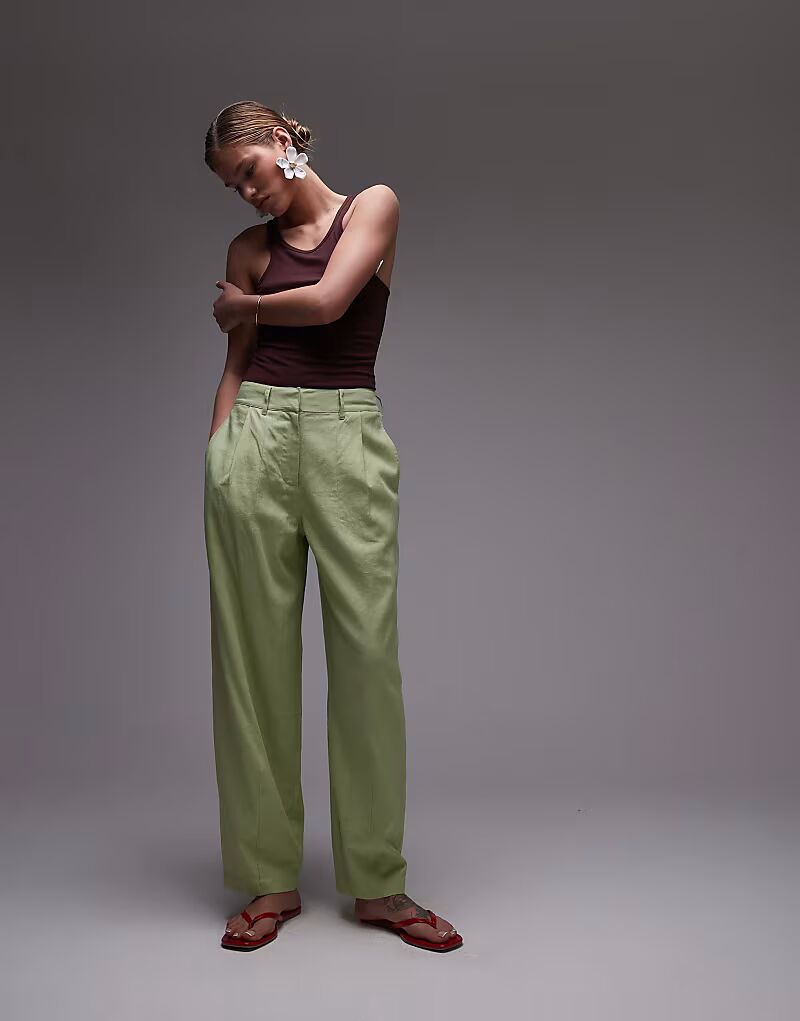

Льняные брюки Topshop овальной формы светло-зеленого цвета