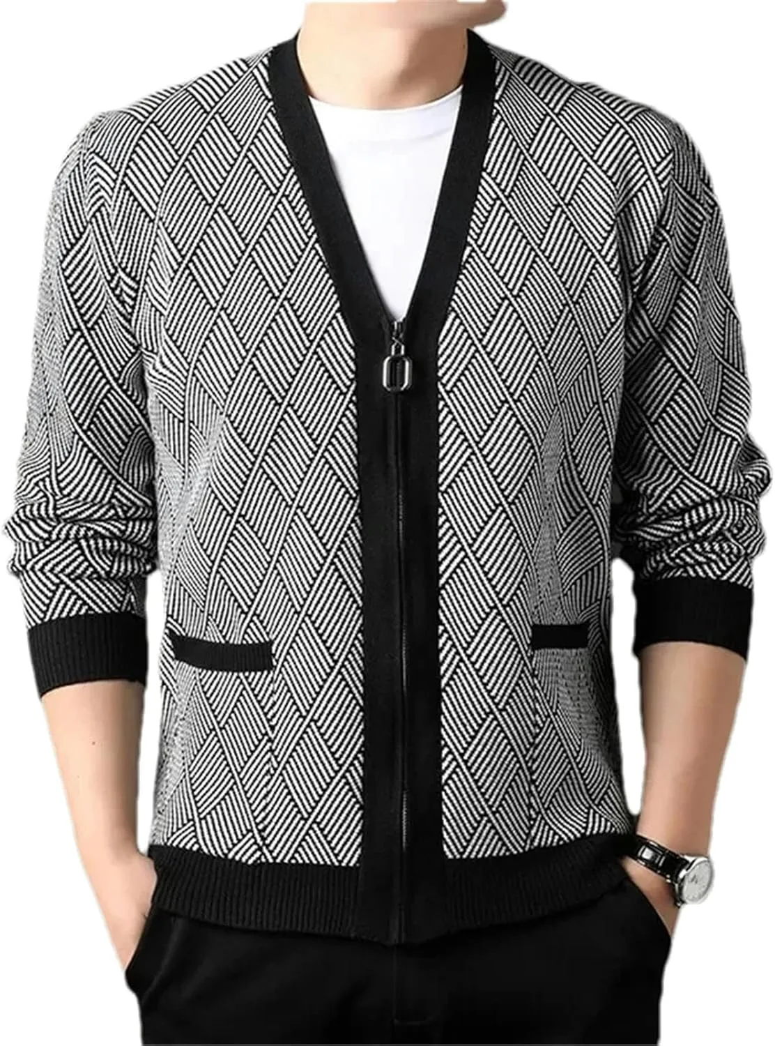 

Мужской кардиган с длинными рукавами на молнии, вязаный, с ромбовидным узором GaoLeAve