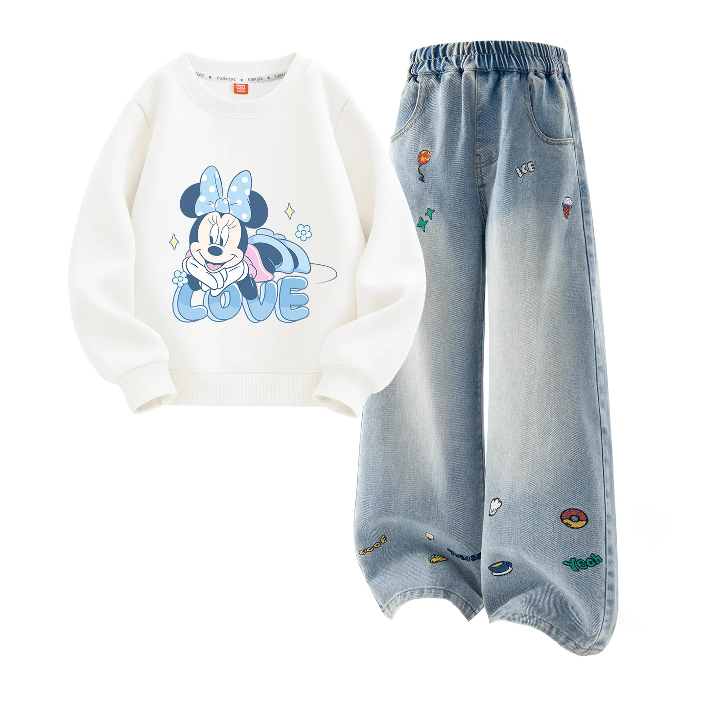 Детская повседневная спортивная футболка с круглым вырезом Disney, Di Sweetie White+Solid Color Denim Blue