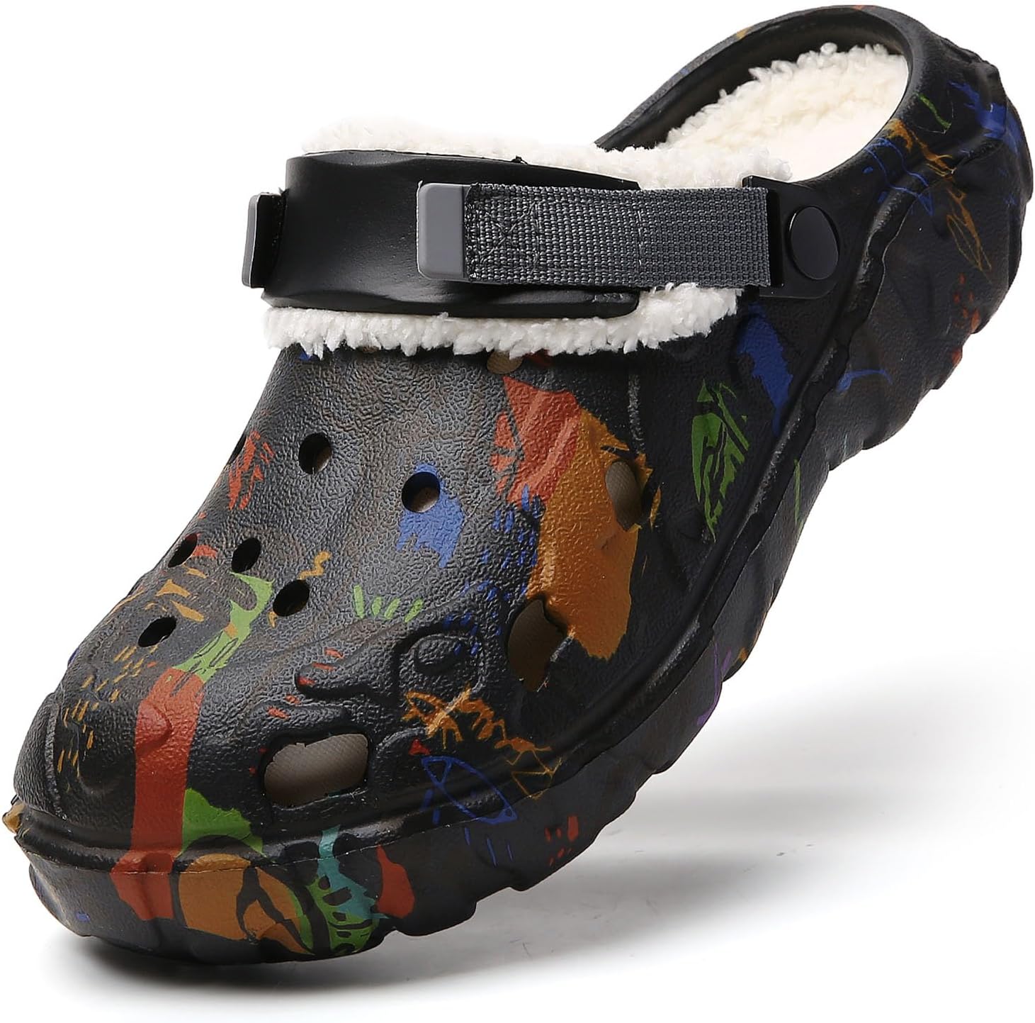 

SECHRITE Женские и мужские сабо с подкладкой, зимние пушистые садовые туфли, граффити, слипоны, дышащие домашние сандалии, унисекс, тапочки со регулируемым задним ремешком, черный