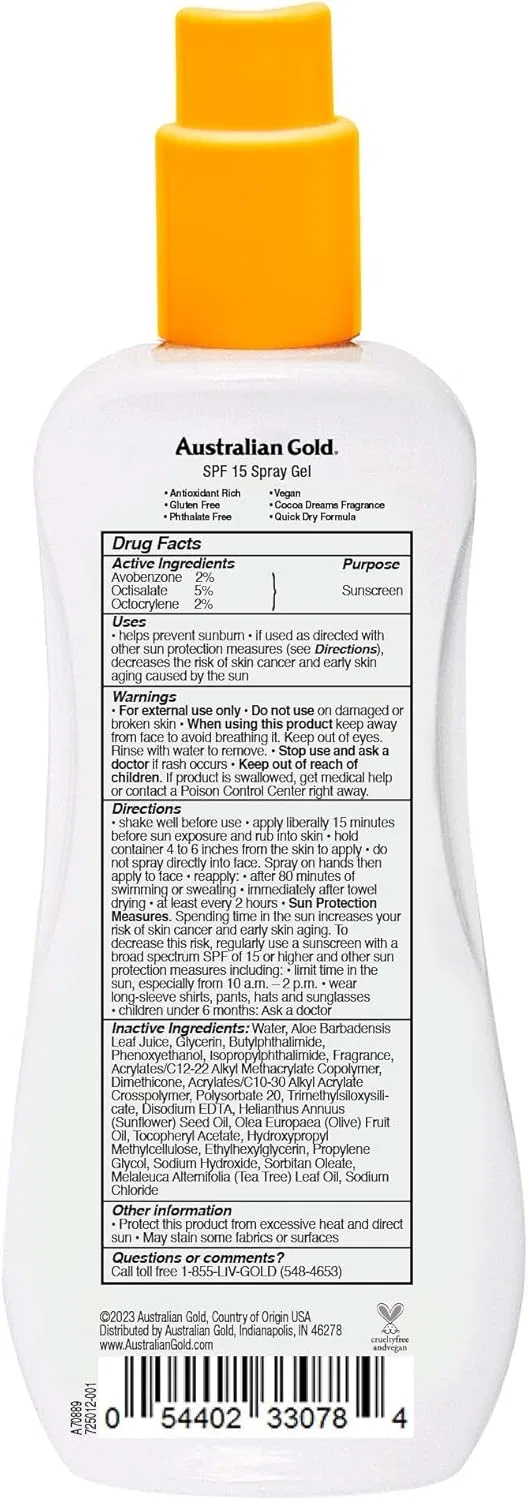 Спрей-гель солнцезащитный Australian Gold Hydrate Skin SPF 15 Кокос 8 Fl Oz — фото 2