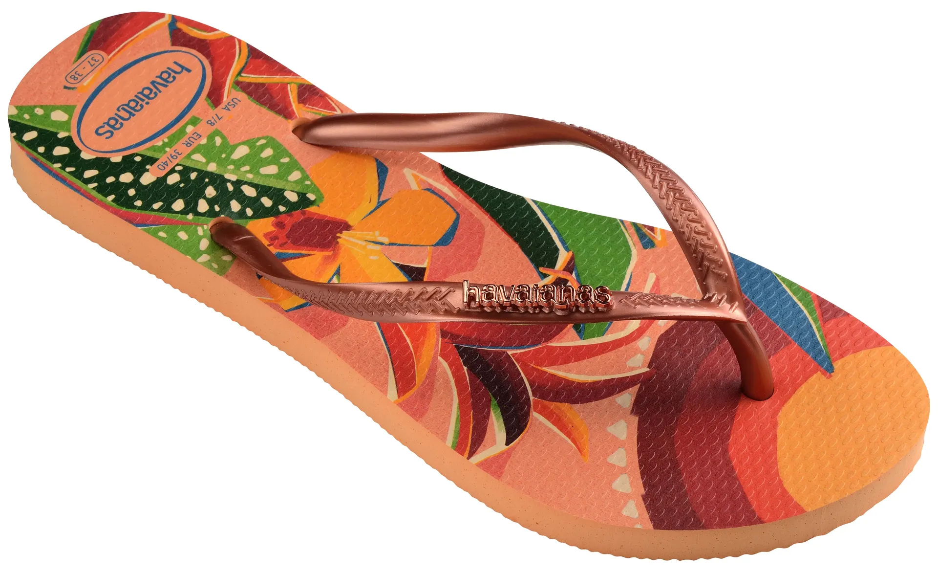 

Шлепанцы Havaianas "SLIM TROPICAL", летние туфли, тапочки, туфли для бассейна с летним тропическим принтом, цвет Orange Tropen